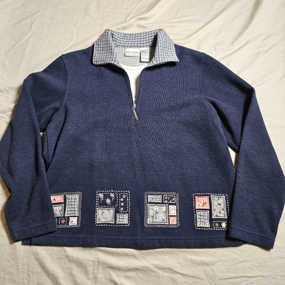 90s Napa Valley M Blue Sweater Patchwork Embroidered Cottage Core Granny Core